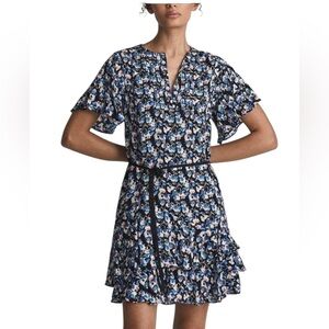 REISS Blue Lulu Ditsy Flippy Drop Waist Mini Dress - Size 10